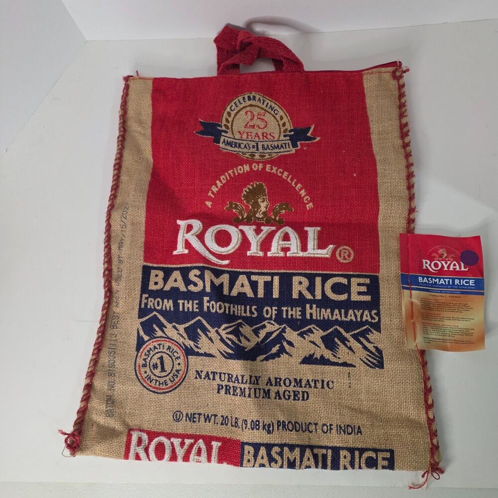 Royal Basmati Rice Burlap Tote Bag 20lb Sack Zipper Handles Jute Advertising